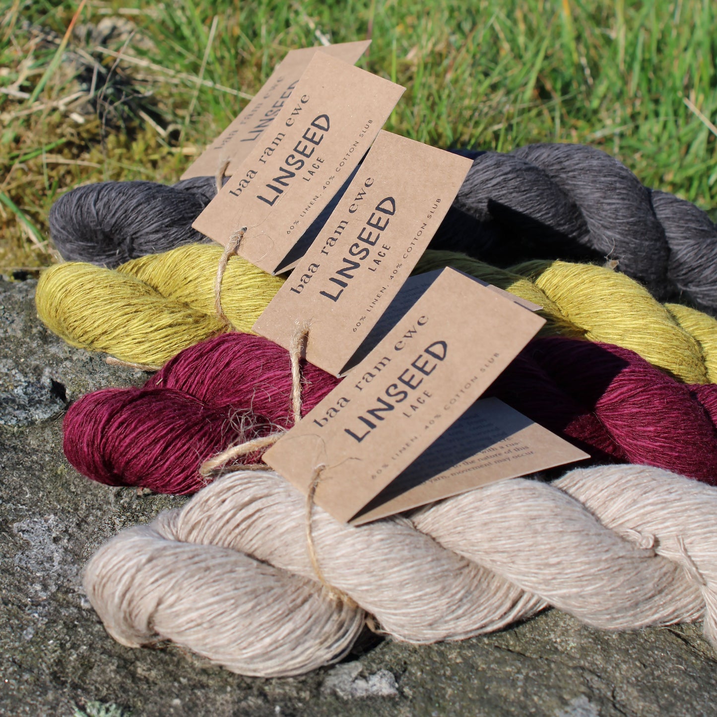 Baa Ram Ewe Linseed yarn in soft, natural fiber, showcasing the textured, spun wool material in a close-up view.