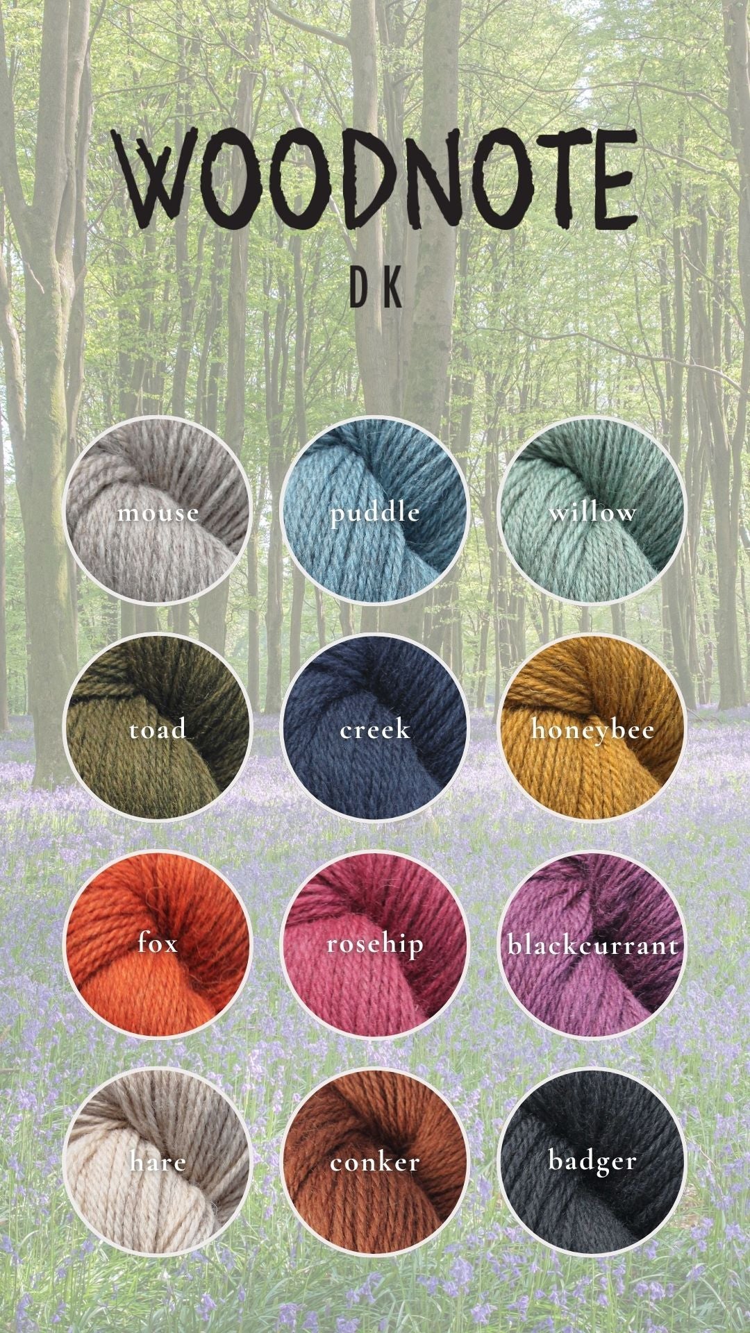 Baa Ram Ewe Woodnote DK yarn in various shades, soft and versatile wool yarn for knitting and crochet projects.