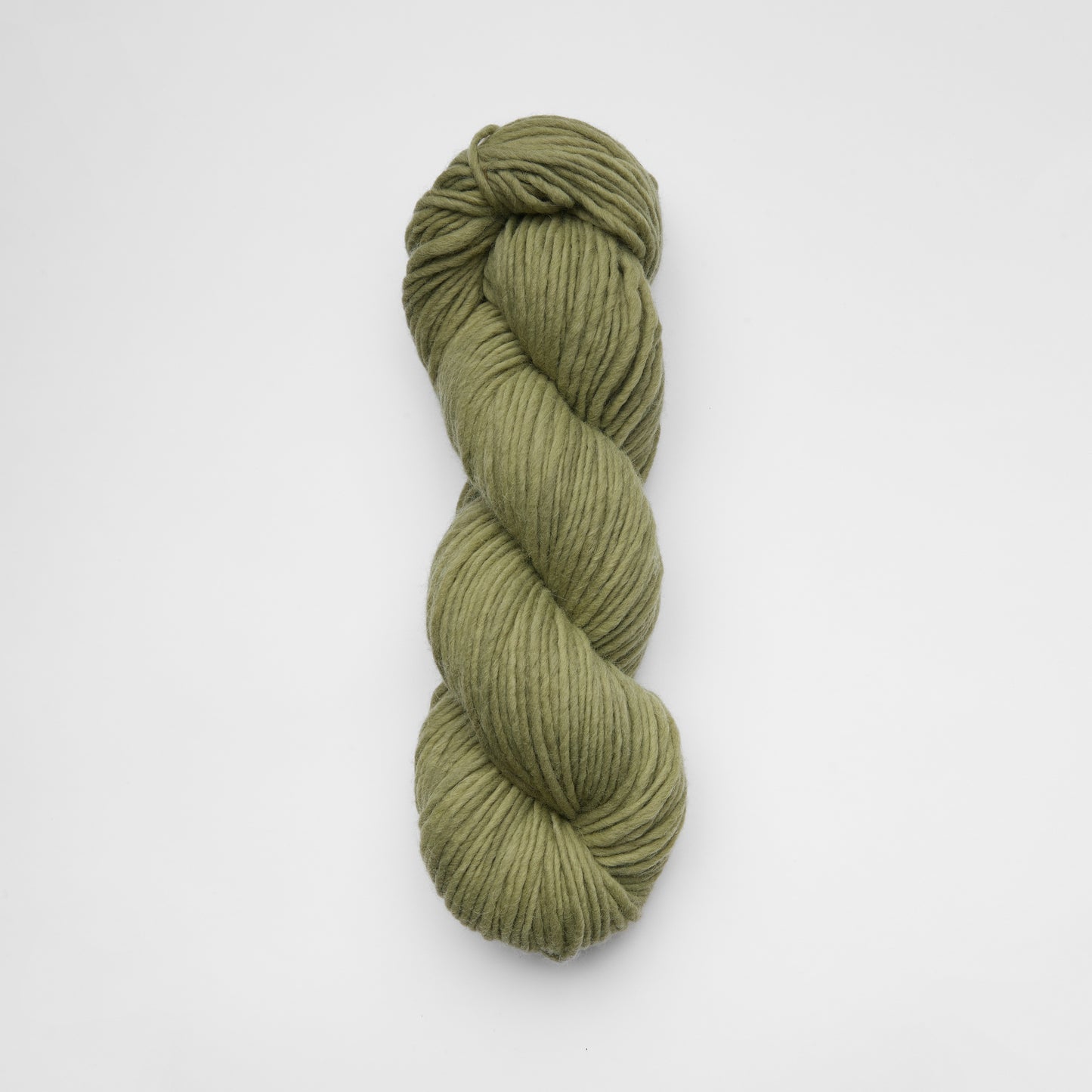Green yarn skein of The Skinny Luxury Blend by Kinua, showcasing soft, luxurious knitting yarn with a smooth texture.