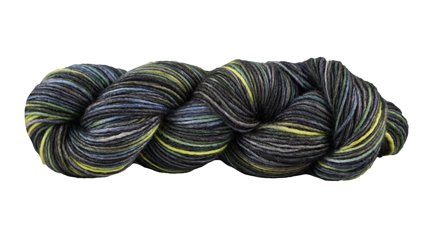 Manos del Uruguay Silk Blend yarn in Lightning Bug color, showcasing soft, shiny yarn with a smooth texture and vibrant hue.