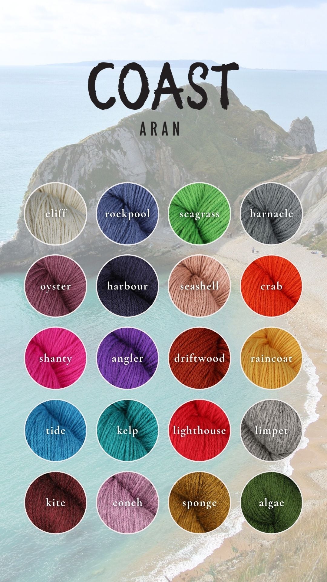 Colorful Baa Ram Ewe Coast yarn in various shades, showcasing soft, high-quality wool for knitting and crochet projects.
