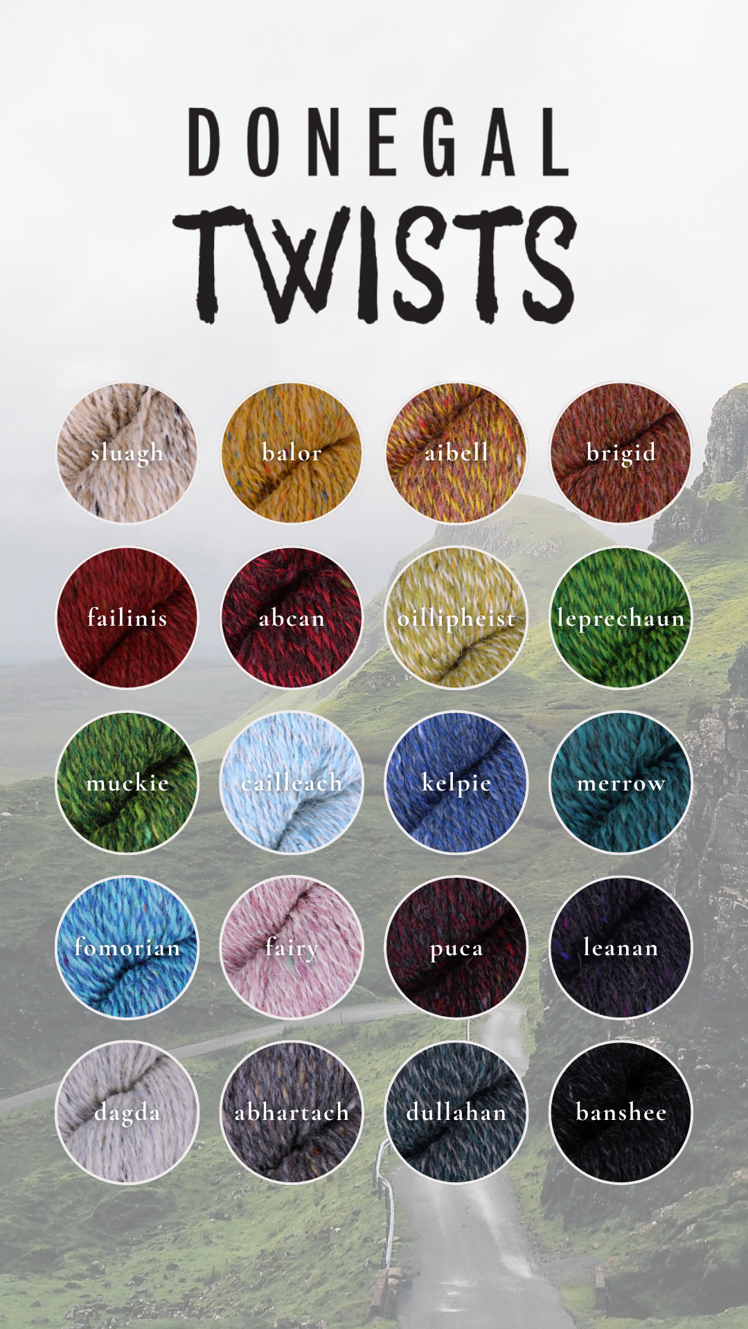 Baa Ram Ewe Donegal Twists yarn in various shades, showing colorful, textured wool yarn for knitting and crafting projects.