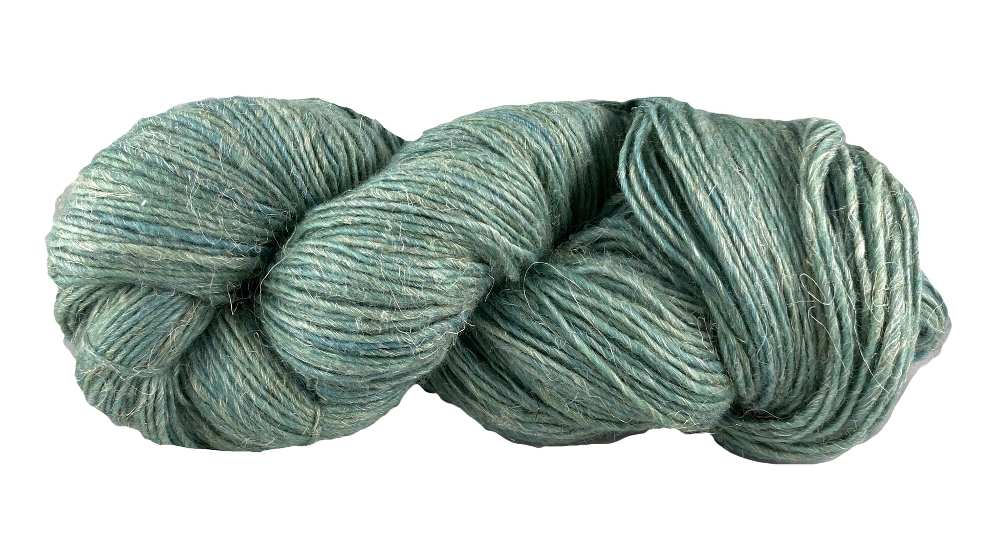 Manos del Uruguay Milo yarn in Lagoon color, showing soft, textured wool skein with vibrant blue and green tones.
